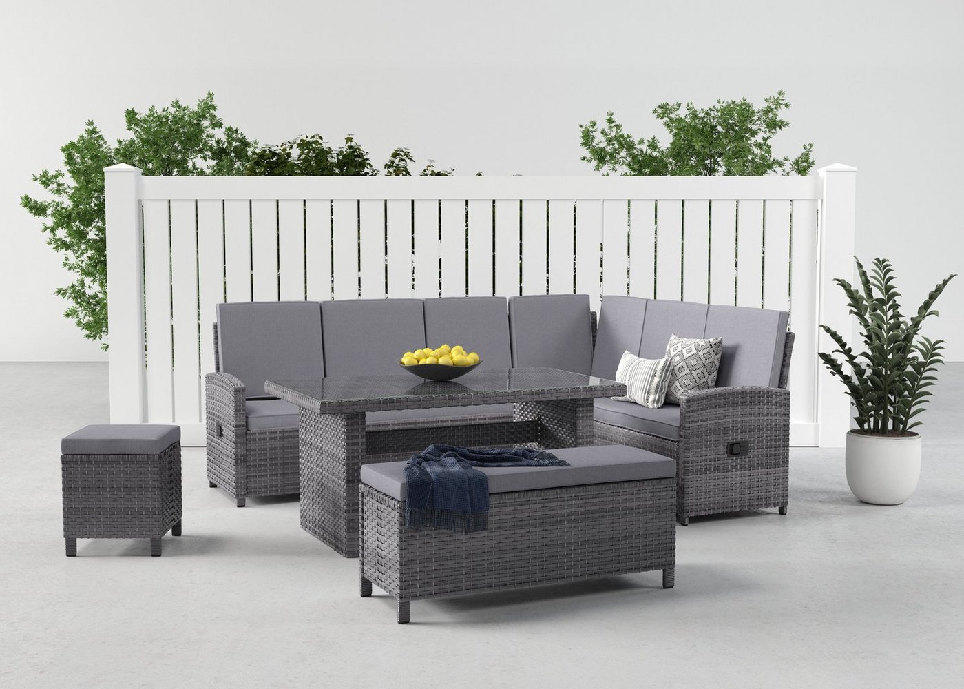 KONIFERA Gartenlounge-Set Paris, (Set, 17-tlg., 2x 3er Bank, 1x Sitzbank, 1x Hocker, 1x Tisch 140x80x67cm, Aluminium), inkl. Auflagen/Schutzhülle, Polyrattan, Rückenlehne verstellbar von KONIFERA