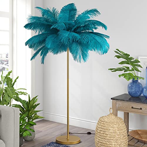 KOSHSH Federlampe Stehlampe Wohnzimmer,Stehlampe Federn Lampe,Palm Tree Straußenfedern Stehlampen,1,6m Hoch 3 Farben Dimmbar,Wohn/Schlafzimmer mit Knopfschalter Dekorbeleuchtung (blue) von KOSHSH