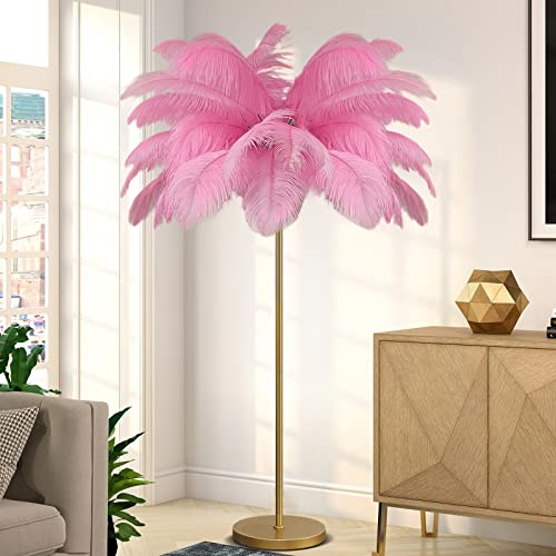 KOSHSH Federlampe Stehlampe Wohnzimmer,Stehlampe Federn Lampe,Palm Tree Straußenfedern Stehlampen,1,6m Hoch 3 Farben Dimmbar,Wohn/Schlafzimmer mit Knopfschalter Dekorbeleuchtung (pink) von KOSHSH