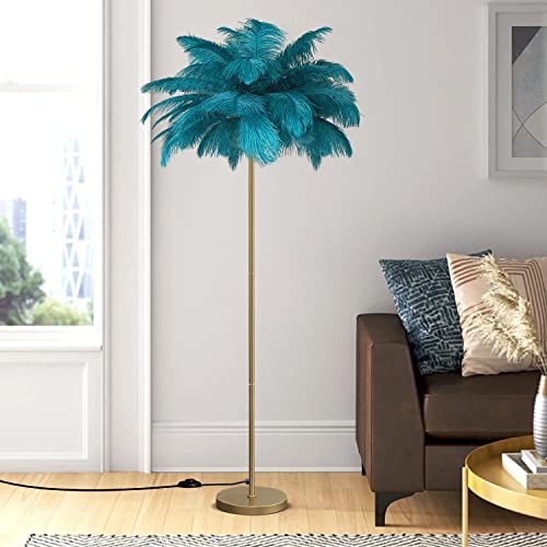 KOSHSH Stehlampe Federn Gold,Modern Feder Lampe Stehlampe Wohnzimmer 160cm LED Stehlampe federlampe mit 3-Farbig Dimmbarem Stehleuchte Für Esszimmer, Sofa, Ecke (Peacock Blue) von KOSHSH