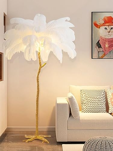 KOSHSH Wohnzimmer Stehlampe,Federlampe mit 35 Straußenfedern Stehlampen,170cm Hoch 3 Farben Led Dimmbar,Stehlampe Gold für Wohnzimmer,Schlafzimmer,Büro,Stehlampe Kinderzimmer (White) von KOSHSH