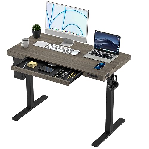 KOWO Schreibtisch Höhenverstellbar Elektrisch 120 x 60 cm, Graue Holz Tischplatte, Höhenverstellbarer Schreibtisch, Ergonomischer Sitz-Stehpult Tisch, Computertisch - Schwarzes Gestell von KOWO