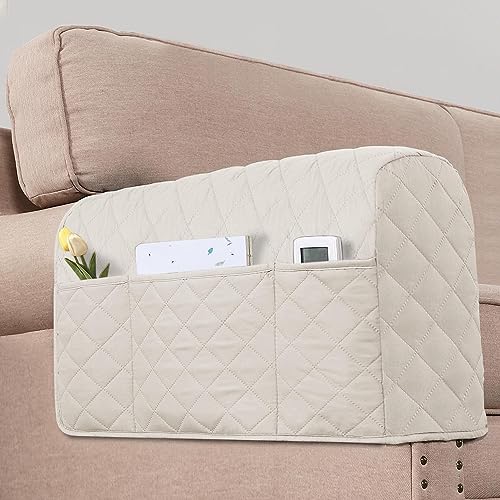 KPPKOU 2 Stück wasserabweisende Armlehnenbezüge für Stühle und Sofas, Couch-Armbezüge für Sofa, Armlehnenbezüge mit 3 Taschen, für Telefon, Sofa, Armschutz für Haustiere, Katzen (Elfenbein) von KPPKOU