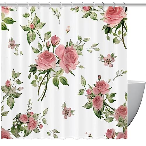 KQNZT Duschvorhänge für Badezimmer, Stoff-Duschvorhang mit Haken, stilvoller moderner Vorhang, Baddekoration,Rosa Rosen Blumen Blumen Retro von KQNZT