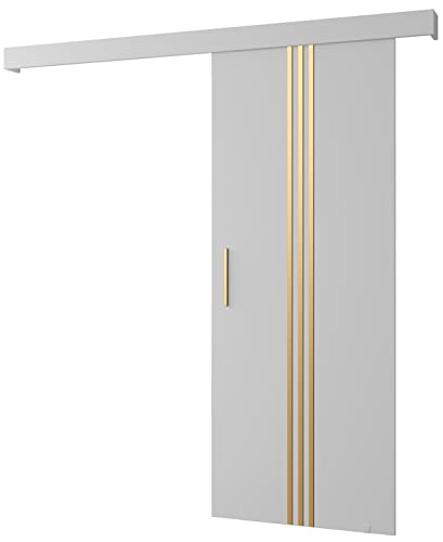 KRYSPOL Schiebetürsystem Salwador 5 Komplett-Set für Schiebetüren, Trennwände Innentüren, Modern Design (weiß matt/Gitter: weiß matt/Griff und Streife: gold) von MEBLE KRYSPOL