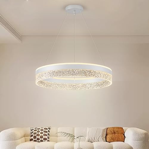 KSIBNW Dimmbar LED Pendelleuchte Wohnzimmer, 36W Moderne Ring Hängeleuchte Esstisch Höhenverstellbar Rundes Ø50cm Pendellampe Weiß LED Kronleuchter Schlafzimmer aus Acryl und Metal, 3000K/4000K/6000K von KSIBNW