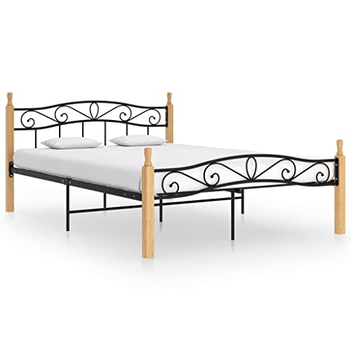 KTHLBRH Betten Kopfteil Bett Doppelbett Massivholzbett Schwarz Metall und Eiche 160x200 cm Geeignet für Familienzimmer von KTHLBRH