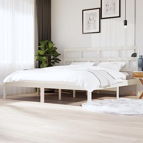 KTHLBRH Betten Kopfteil Bett Doppelbett Massivholzbett Weiß Kiefer 200x200 cm Geeignet für Familienzimmer von KTHLBRH