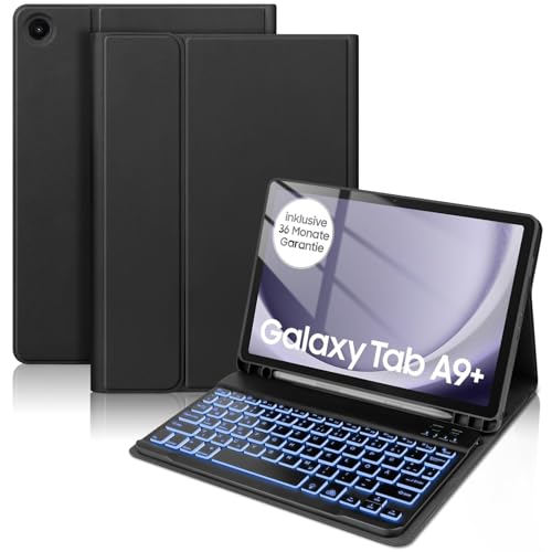 Samsung Galaxy Tab A9+ / A9 Plus Tastatur Hülle, Deutsches Beleuchtung Tastatur für Samsung Galaxy Tab A9 Plus 11 Zoll, Schutzhülle mit Tastatur für Samsung Tab A9+ (SM-X210/X216/X218), Schwarz von KTOITION