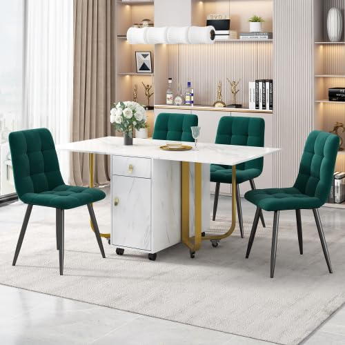 KUAKE Essgruppe,150×80×76cm Eisenbeine Esstisch mit 4 Samt Stühlen, Klappbarer Küchentisch Set, Polsterstuhl Design Stuhl mit Rückenlehne ﻿ (Grün-B) von KUAKE