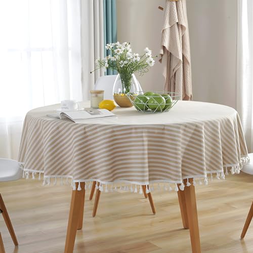 KUAOOAUK Baumwoll-Leinen-Tischdecke für runden Tisch, Stripe Tassel Round Table Cloth, Dust-Proof Round Table Cover for Indoor&Outdoor Kitchen Dinning Picnic Decoration (Round, 140cm, Beige) von KUAOOAUK