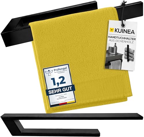 KUINEA® Handtuchhalter schwarz 100% EICHENHOLZ für Bad & Küche - Handtuchstange schwarz 40cm, Handtuchhalter ohne Bohren schwarz, selbstklebende Handtuchhalter Wand aus Holz, towel holder, schwarz 60° von KUINEA