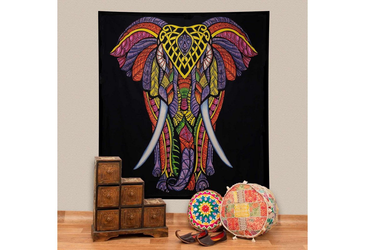 Wandteppich XL Tagesdecke Wandbehang Deko Tuch Elefant UV Aktiv ca. 205 x 225 cm, KUNST UND MAGIE von KUNST UND MAGIE