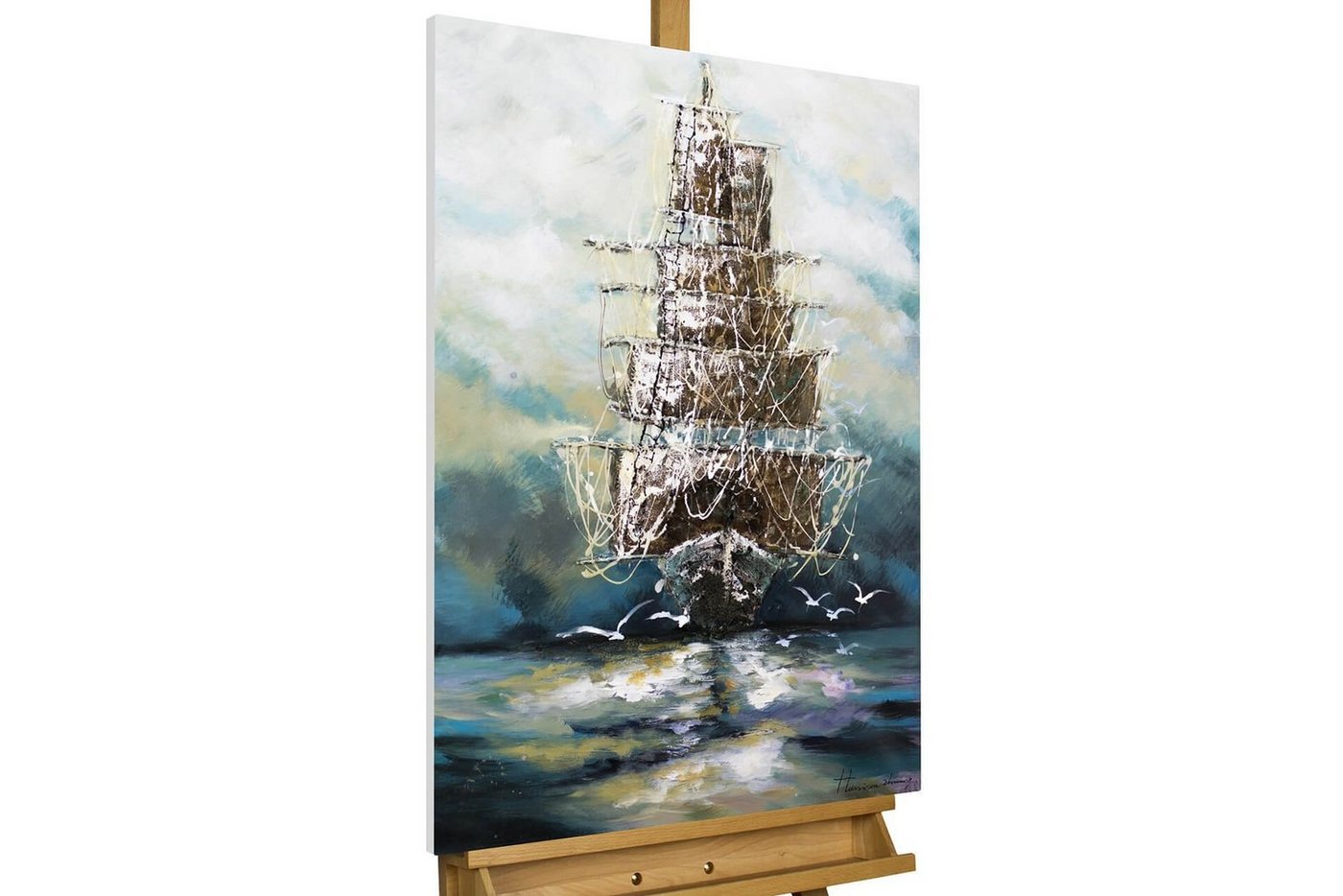 KUNSTLOFT Gemälde Ahoi Piratenschiff 60x90 cm, Leinwandbild 100% HANDGEMALT Wandbild Wohnzimmer von KUNSTLOFT