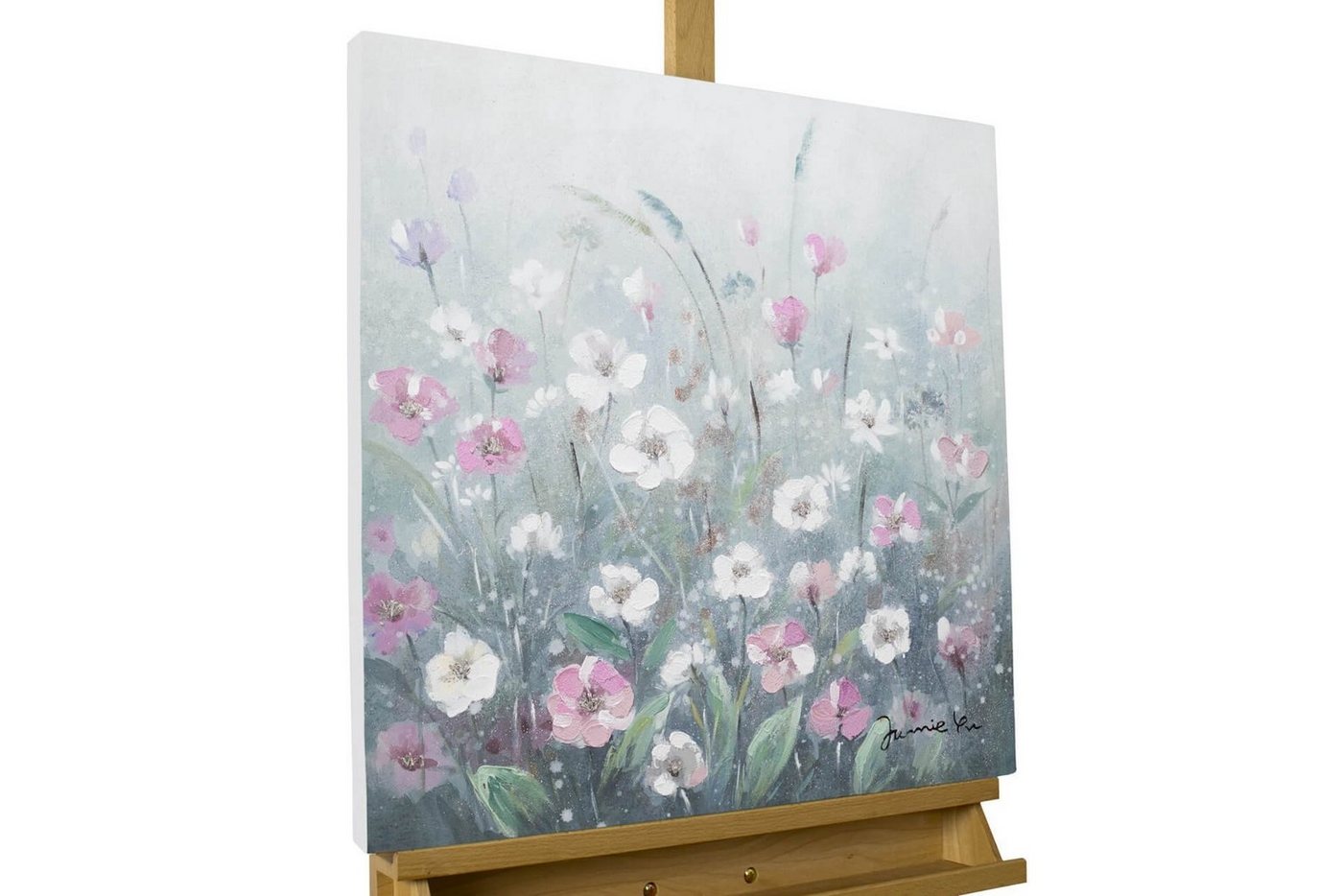 KUNSTLOFT Gemälde Flowery Meadow 60x60 cm, Leinwandbild 100% HANDGEMALT Wandbild Wohnzimmer von KUNSTLOFT