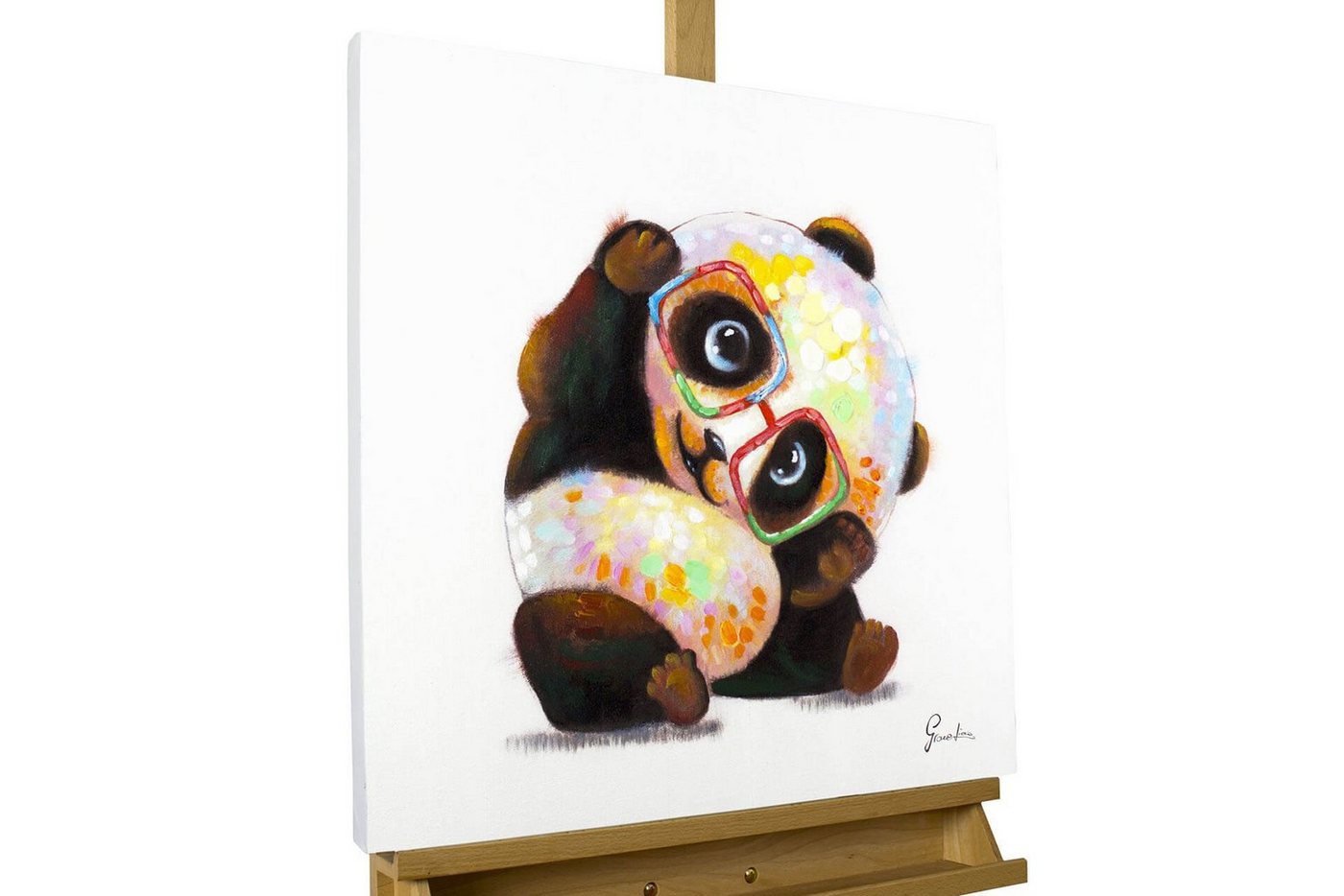 KUNSTLOFT Gemälde Hipster Panda 60x60 cm, Leinwandbild 100% HANDGEMALT Wandbild Wohnzimmer von KUNSTLOFT