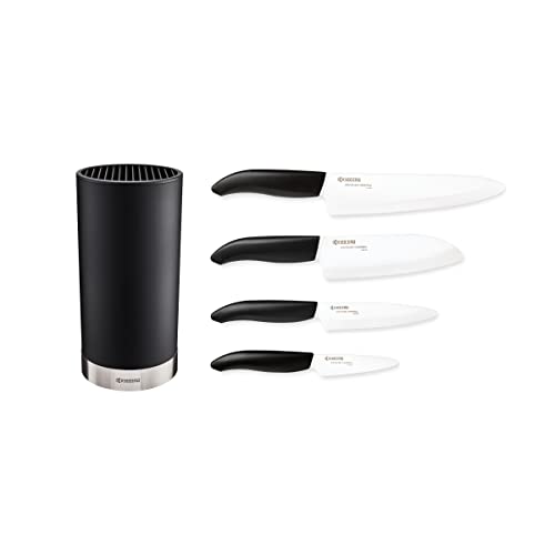 Kyocera Soft-Touch Messerblock Schwarz | bis zu 8 Messer | mit 4 GEN Keramik Messer | Santoku Messer, Universalmesser, Gemüsemessser, Schälmesser | Messerblock rund aus Kunststoff und Edelstahl von KYOCERA Kitchen Products