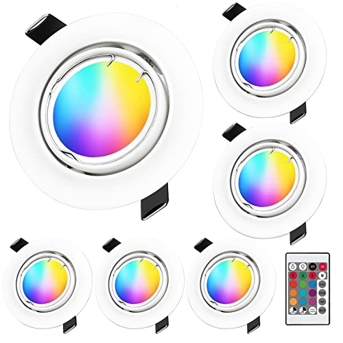 KYOTECH LED Einbaustrahler RGB +Warmweiss 3000K Schwenkbar 230V 5W Einbauleuchten Ultra Flach Lochmass φ68-80mm Weiß Einbauspot Farbwechsel Dimmbar mit Fernbedienung 400LM Deckenspots 6er Set von KYOTECH