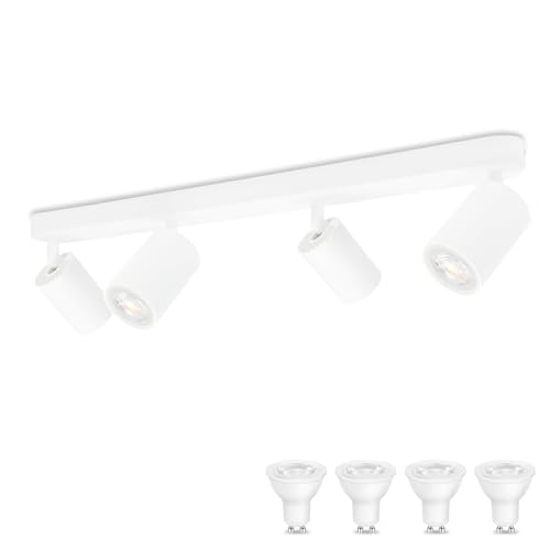 KYOTECH Weiß 4-flammige Spotlampe 5W LED Deckenleuchte Weiss Deckenlampe Schwenkbar und drehbar inkl. Leuchtmittel GU10 3000K Warmweiß Deckenspots für Küche, Schlafzimmer, Wohnzimmer von KYOTECH