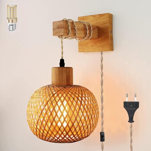 Vintage Wandleuchte mit Stecker,3 Farbmodi Vintage Nachttischlampe Rattan Bambus Lampenschirm,Wandbefestigung Leselampe,Rustikal Seil Wandlampe,450cm Kabel E27 für Schlafzimmer Wohnzimmer Flur Kneipen von KZT