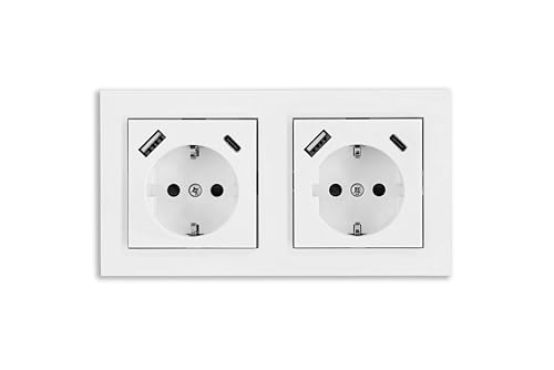 Kabelmeister Schutzkontakt-Einbausteckdose 2-fach, jeweils mit USB-C (20W, Power Delivery 3.0) und USB-A Buchse (18W) - inkl. Doppelrahmen + 2x Zentralstück - signalweiß (RAL9003) von Kabelmeister