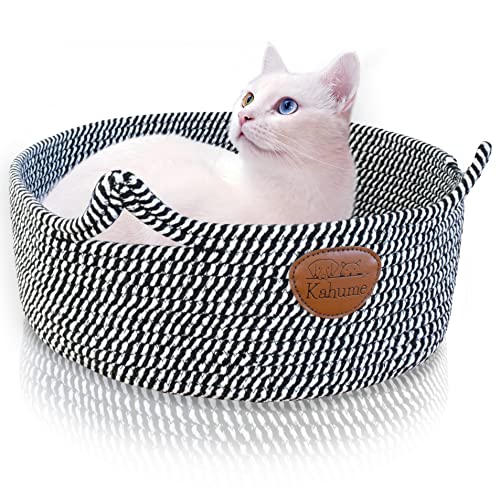 Katzenbett waschbar, Katzenkorb aus Baumwollseilen, ECO Katzenkörbchen, Hundebett Korb geflochten für Katzen Schlafplatz Liegeplatz Bettchen Haustierbett Körbchen Cat Bed schwarz-weiß von Kahume