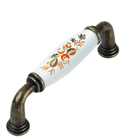 Karan Möbelgriff Eningen, Zamak Porzellan antik weiß Siebdruck Blumen orange, 113 mm x 35 mm x 19 mm, LA 96 mm, Y-2006-96-WHITE-ANTIQUE-S2 von Karan