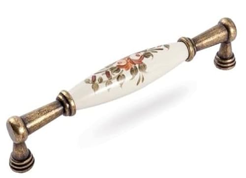 Karan Möbelgriff Gräfenhainichen, Zamak Porzellan antik beige Blumen Kafferose orange grün, 176 mm x 35 mm x 21 mm, LA 160 mm, A-204-CREAM-023-ANTIQUE-160 von Karan