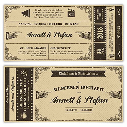 10 x Hochzeitseinladungen Silberhochzeit silberne Hochzeit Einladung - Vintage Kinoticket von Kartenmachen.de