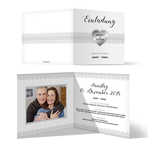10 x Hochzeitseinladungen Silberhochzeit silberne Hochzeit Einladung individuell - Silberherz von Kartenmachen.de