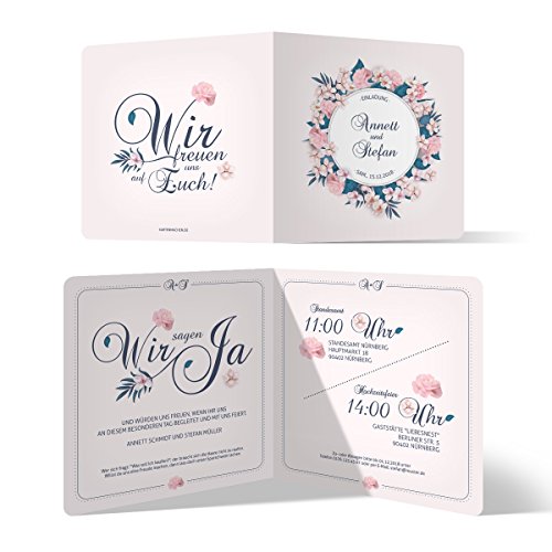 20 x Hochzeitseinladungen Einladungskarten Hochzeit Einladung individuell - Blumen Romantik von Kartenmachen.de