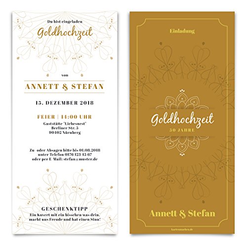20 x Hochzeitseinladungen Goldhochzeit goldene Hochzeit Einladung individuell - Blumen Ornamente von Kartenmachen.de