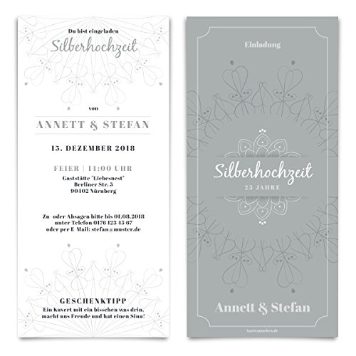 20 x Hochzeitseinladungen Silberhochzeit silberne Hochzeit Einladung individuell - Blumen Ornamente von Kartenmachen.de