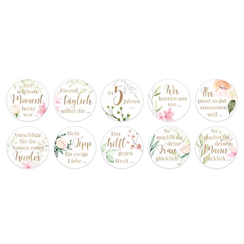 30 Sets Gästebuch Hochzeits Sticker Aufkleber Fragen selbstklebend Kreis 40mm je 10 Fragen - Blumen von Kartenmachen.de