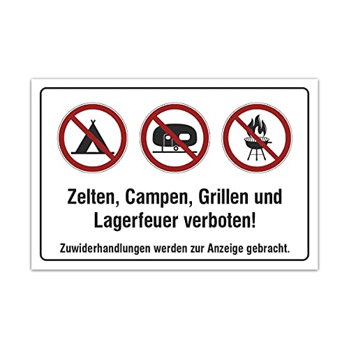 Aluverbund Hinweis Schild 30x20cm Wetterfest Rostfrei Kratzfest UV beständig - Zelten Campen Grillen und Lagerfeuer verboten von Kartenmachen.de