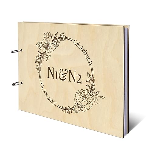 Personalisiertes Hochzeit Gästebuch echtes Holz DIN A4 Hochzeitsbuch mit Lasergravur - Blumen Initialen - mit 72 Blatt / 144 Seiten Naturpapier Weiß von Kartenmachen.de