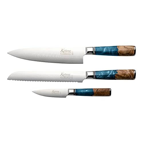 Katana Saya 3er-Set Elements Küchenmesser, ozeanblau, Damaszenerstahl VG-10 mit Griff aus Olivenholz und Harz, KEB-3167 von Katana Saya