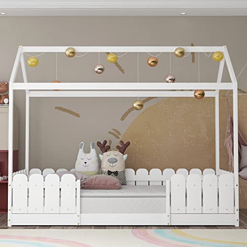 Kayan Hausbett 90x200 cm - vielseitiges Holz Kinderbett für Jungen & Mädchen - Mit Rausfallschutz und Lattenrost (Weiß) von Kayan