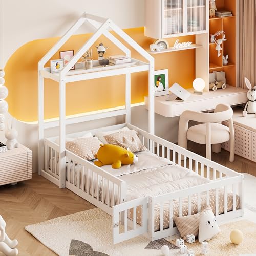 Kayan Kinderbett 90 x 200, Kinderbettgestell aus Massivholz mit Stauraum, Vollschutzgitter und Türen und Lattenrost (Weiß) von Kayan
