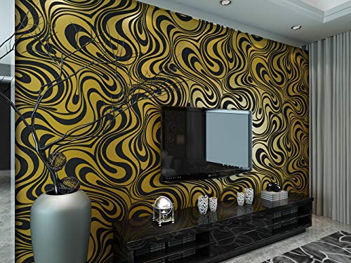 KeTian Moderne Wandtapete abstrakte 3D-Kurven, Vlies-Beflockungs-Streifen, für Wohnzimmer und Schlafzimmer, Tapetenrolle Schwarz/goldfarben, 0.7m (2.29' W) x8.4m(27.56' L)=5.88m2 (63.11sq.ft) von KeTian