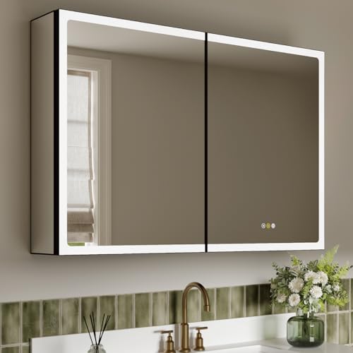 LED-Medizinschrank mit Spiegel, Einbau- oder Oberflächenmontage, beschlagfrei, verstellbares Regal, dimmbares Licht, Steckdosen und USB, ETL-gelistet, Schwarz LED-Medizinschrank mit Spiegel, Einbau- oder Oberflächenmontage, beschlagfrei, verstellbares Regal, dimmbares Licht, Steckdosen und USB, ETL-gelistet, Schwarz von Keazile