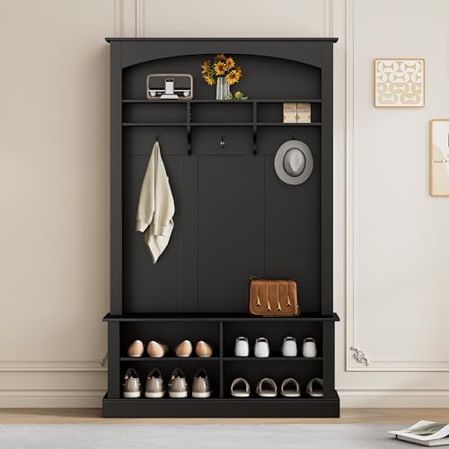 Garderoben-Set mit Bank und Schuhablage, multifunktionale Aufbewahrungsbank mit 3 hängenden Haken & offenem Stauraum, rechteckige Aufbewahrung & Regale Garderobe für Flur, H190/B120/T40 cm (Schwarz) Garderoben-Set mit Bank und Schuhablage, multifunktionale Aufbewahrungsbank mit 3 hängenden Haken & offenem Stauraum, rechteckige Aufbewahrung & Regale Garderobe für Flur, H190/B120/T40 cm (Schwarz) von Kebnor