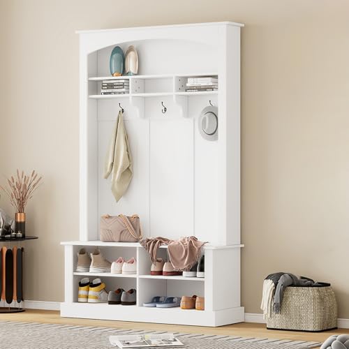 Garderoben-Set mit Bank und Schuhablage, multifunktionale Aufbewahrungsbank mit 3 hängenden Haken & offenem Stauraum, rechteckige Aufbewahrung & Regale Garderobe für Flur, H190/B120/T40 cm (Weiß) Garderoben-Set mit Bank und Schuhablage, multifunktionale Aufbewahrungsbank mit 3 hängenden Haken & offenem Stauraum, rechteckige Aufbewahrung & Regale Garderobe für Flur, H190/B120/T40 cm (Weiß) von Kebnor