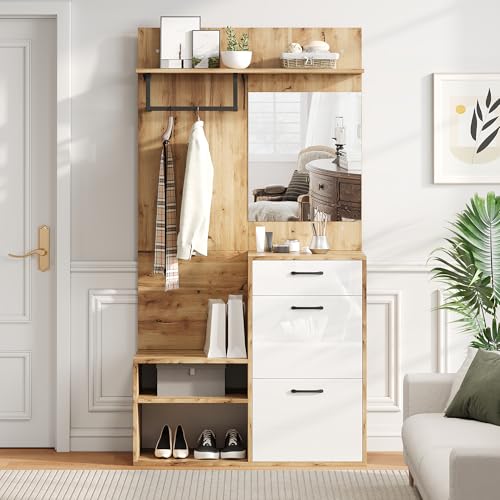Garderoben-Set mit Spiegel, Schuhbank, Schuhschrank, Flurschrank, Hängeschrankregal, Kompaktgarderobe, Mit 1 Schublade und 2 Schränken, viel Stauraum, Weiß + Original Holzfarbe 100*38.5*190cm Garderoben-Set mit Spiegel, Schuhbank, Schuhschrank, Flurschrank, Hängeschrankregal, Kompaktgarderobe, Mit 1 Schublade und 2 Schränken, viel Stauraum, Weiß + Original Holzfarbe 100*38.5*190cm von Kebnor