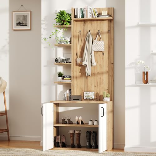 Garderobenständer mit Garderobe, Schuhaufbewahrung, Flurausstattung mit Kleiderhaken, Flurschrank mit 5-lagiger Stauraumeinteilung und Stauraumschränken, Original Holzfarbe + weißes 75*33*180cm Garderobenständer mit Garderobe, Schuhaufbewahrung, Flurausstattung mit Kleiderhaken, Flurschrank mit 5-lagiger Stauraumeinteilung und Stauraumschränken, Original Holzfarbe + weißes 75*33*180cm von Kebnor