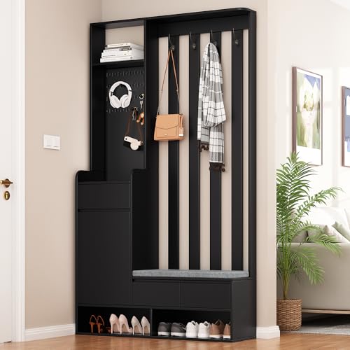 Kebnor Flurgarderobe mit gepolsterter Aufbewahrungsbank, multifunktionaler Flur-Schuhschrank mit Stecktafel, Moderne Garderobe mit 4 Haken für Eingangsbereich, Waschküche, H180/B100/T35 cm (Schwarz) Kebnor Flurgarderobe mit gepolsterter Aufbewahrungsbank, multifunktionaler Flur-Schuhschrank mit Stecktafel, Moderne Garderobe mit 4 Haken für Eingangsbereich, Waschküche, H180/B100/T35 cm (Schwarz) von Kebnor