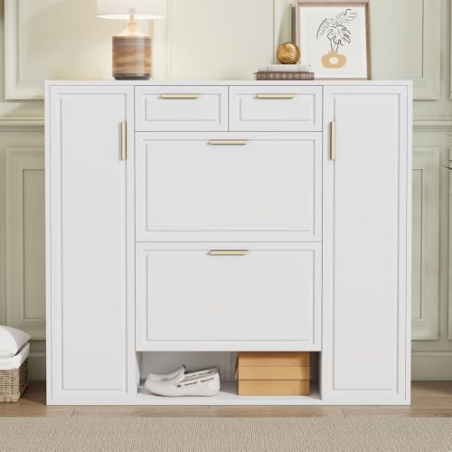 Kebnor Moderne Schuhschrank, mit verstellbaren Regalen, goldenen Griffen, 2 Schubladen, Klappschuhschrank und 2 Türen, weiß, B120/D24/H107 cm Kebnor Moderne Schuhschrank, mit verstellbaren Regalen, goldenen Griffen, 2 Schubladen, Klappschuhschrank und 2 Türen, weiß, B120/D24/H107 cm von Kebnor