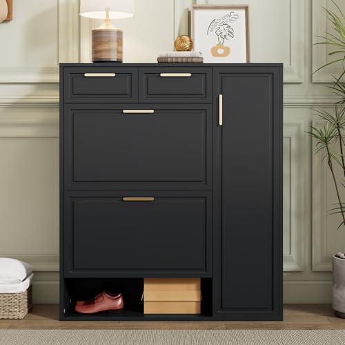Kebnor Moderne Schuhschrank, mit verstellbaren Regalen, goldenen Griffen, Schubladen, Klappschuhschrank und Türen, Schwarz, B95/D24/H107 Kebnor Moderne Schuhschrank, mit verstellbaren Regalen, goldenen Griffen, Schubladen, Klappschuhschrank und Türen, Schwarz, B95/D24/H107 von Kebnor