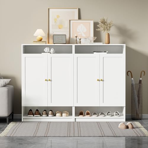Kebnor Moderne Schuhschrank, mit verstellbaren Regalen, goldenen Griffen, Schuhkommode mit 2 Türen, weiß, B146/D34/H109 Kebnor Moderne Schuhschrank, mit verstellbaren Regalen, goldenen Griffen, Schuhkommode mit 2 Türen, weiß, B146/D34/H109 von Kebnor