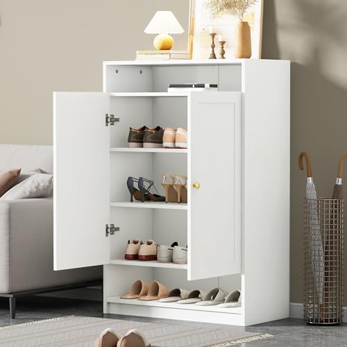 Kebnor Moderne Schuhschrank, mit verstellbaren Regalen, goldenen Griffen, Schuhkommode mit 2 Türen, weiß, B73/D34/H109 Kebnor Moderne Schuhschrank, mit verstellbaren Regalen, goldenen Griffen, Schuhkommode mit 2 Türen, weiß, B73/D34/H109 von Kebnor